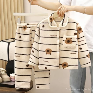 Conjunto de Pijamas para Crianças, Outono e Inverno, Forrado com Fleece, Aumentado, Roupa de Casa Quente de Veludo Azul em Oferta na Shopee