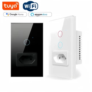 Interruptor Inteligente WiFi com Tomada e Painel Touch de Vidro Temperado, Compatível com Alexa e Google