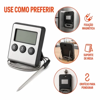 Termômetro Digital Culinário com Sonda Timer e Alarme -50°C a 300°C para Forno Churrasqueira e Defumador