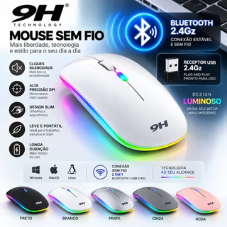 Mouse sem Fio Bateria Recarregável com Bluetooth Led RGB Óptico 2.4ghz Slim notbook macbook Wirelles