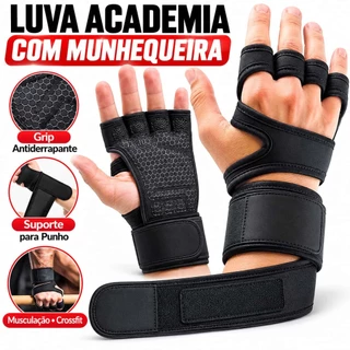 Luva Academia Musculação com Munhequeira Grip Antiderrapante Treino Crossfit Levantamento de Peso