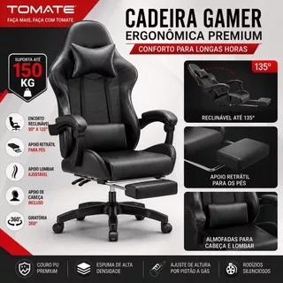Cadeira Gamer Ergonômica Premium Reclinável 135° Com Apoio Para Pés Almofadas Lombar E Cabeça Até 150kg