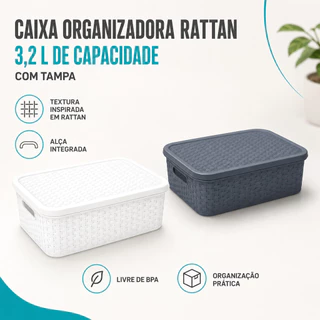 Caixa Organizadora Rattan 3,2L Baixa Tampa Closet Escritório Multiuso Bijuterias - Nitron