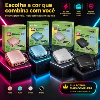 Power Bank Mini Quadrada 20000mAh 22.5W, Cabos Embutidos, Compatível iPhone e Android, Ideal para Viagens