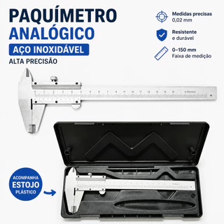 Paquímetro Vernier Aço Inoxidável 0,02mm 0-150mm Precisão com Estojo Medição Interna Externa Profundidade Mecânica DIY