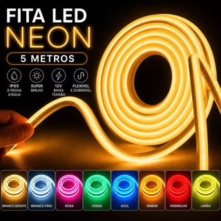 Fita de LED Mangueira Neon 5 Metros IP65 Flexível Com ou Sem Fonte 8 Cores