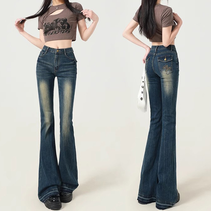 Calça Jeans Feminina Azul Y2k Flare Baggy Harajuku Streetwear