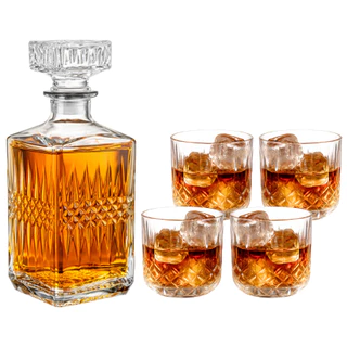 Kit Garrafa de Whisky Decanter Licor 1L 4 Copos de Vidro Baixo Relevo Luxo 280mL