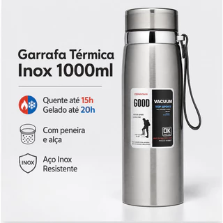 Garrafa 1000ML Inox Térmica Com Infusor Prata De Água Café Parede Dupla Com Alça