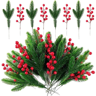 30 Peças Ramos De Pinheiro Artificiais De Natal Bagas De Azevinho , Para Guirlanda Enfeite De Árvore , Decorações De Cas