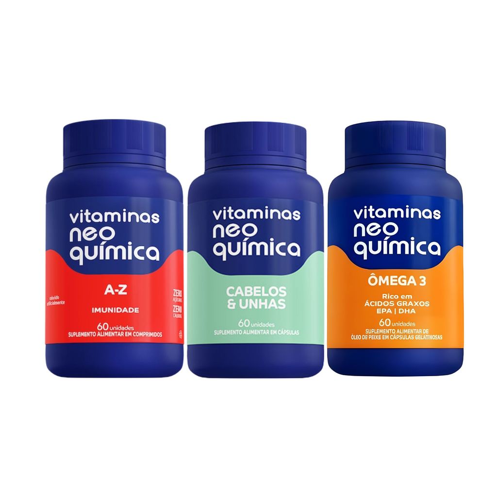 Kit Vitaminas Neo Química A-Z + Cabelos e Unhas + Ômega 3 – 60 Cápsulas ...