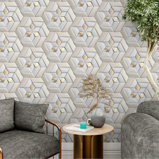 Papel de Parede 3D Luxo Geométrico Dourado e Branco | Auto Adesivo Decorativo Moderno Sala e Quarto