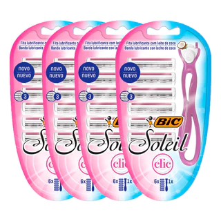 Kit 4 peças barbeador Soleil Clic Rosa + 6 lâminas Recarregáveis Bic em Oferta na Shopee