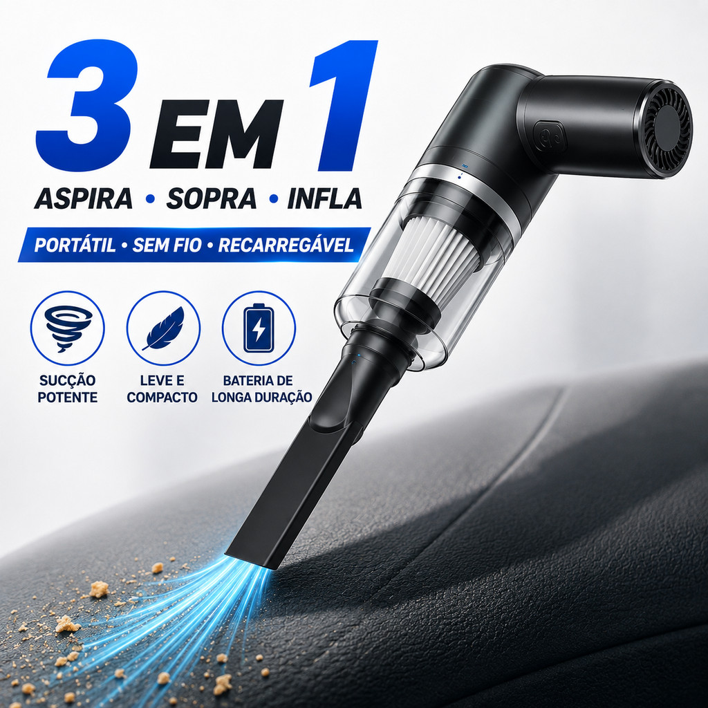 Aspirador de Pó Portátil 3 em 1 USB Recarregável sem Fio para Carro Casa e Teclado