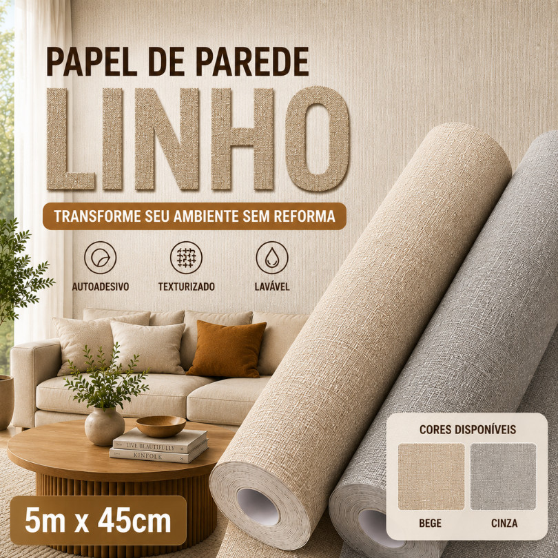 Papel de Parede Adesivo Linho 3D Texturizado Lavável Autocolante 5m x 45cm
