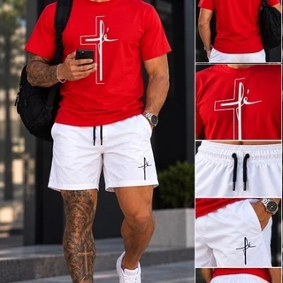 conjunto Masculino kit natal vermelho festa reveillon Camiseta+Short/ bermuda tectel