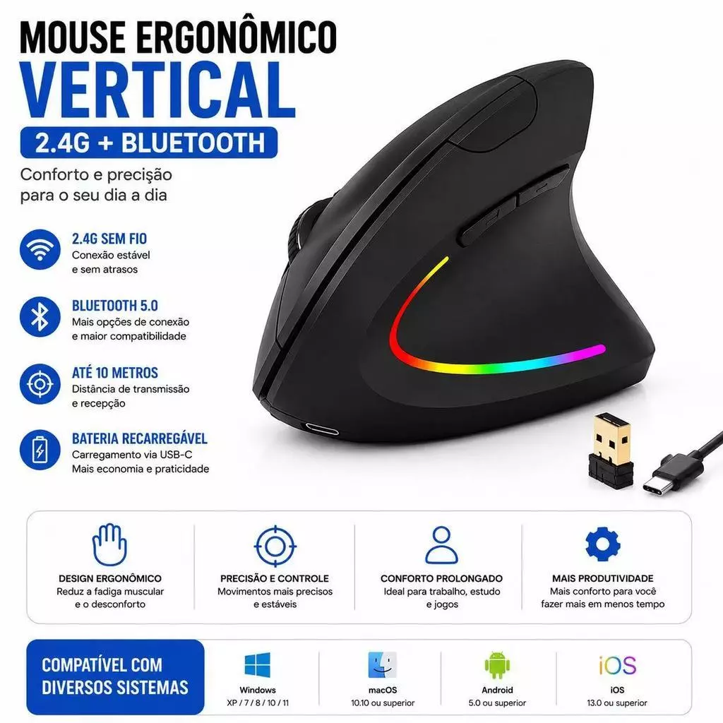 Vertical Mouse Sem Fio com Bluetooth e 24G ErgonĂŽmico RecarregĂĄvel PortĂĄtil para PC Gamer Notebook