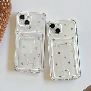 Capinha com porta cartão para iPhone 13 11 12 14 15 16 17 Pro Max XR Capa Silicone Anti Impacto Corações pequenos rosas