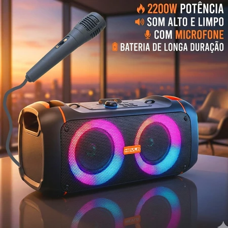 Caixa de Som Bluetooth Portátil Potente LED PMPO 2200W com Microfone Controle Remoto Bateria