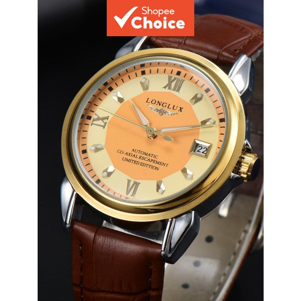 Relógio masculino automático LONGLUX elegante para negócios e encontros data e dia à prova d'água pulseira de c