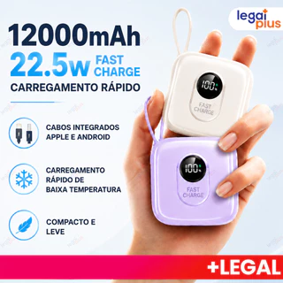 Carregador Portátil 12000mAh LED com Cabos Integrados, Compacto, Carga Rápida, Compatível com iPhone e Android
