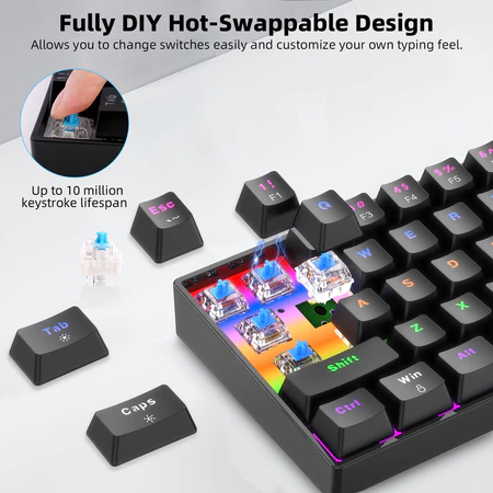 Teclado mecânico com fio GOOJODOQ de 68 teclas, 3 tipos de interruptores mecânicos disponíveis, 17 modos de iluminação - Vista 3