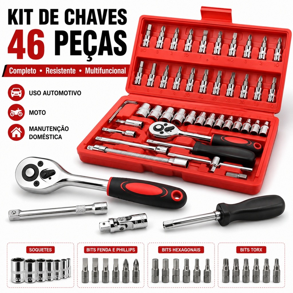 Kit De Ferramentas 46 Peças Jogo De Soquetes Chave Catraca Reversível Com Maleta Jogo De Ferramentas Completo