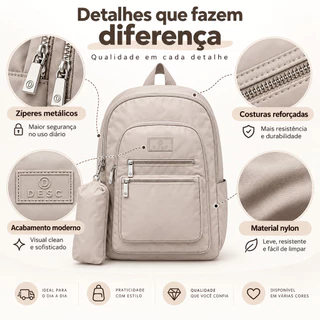 Mochila Feminina Escolar Nylon Multi Bolsos Com Estojo