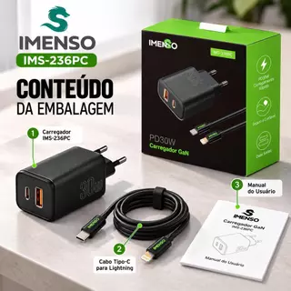 Original Carregador IMENSO GaN 30W USB-C + USB-A com Cabos