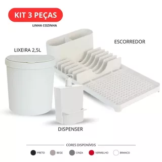 Kit 3 Cozinha Organizador Kit 3 Cozinha Escorredor Louças Lixeira 2,5L Dispenser Sabão Organizador Pia Completo