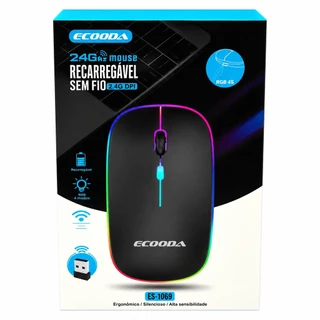 Mouse Sem Fio E-1600 Recarregável RGB Wireless 2.4G 3200 DPI Silencioso Ergonômico Com Receptor USB Preto