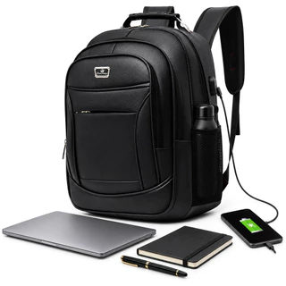 Mochila de Couro Executiva Impermeável Reforçada com Porta USB e Fone para Notebook Viagem e Trabalho