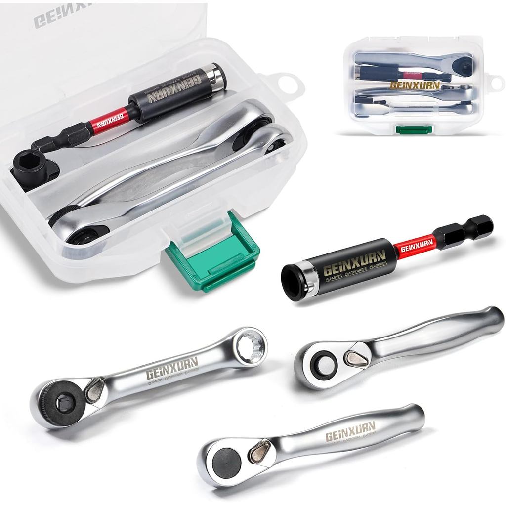 Conjunto de Mini Chave Catraca e Suporte de Bits GEINXURN, 4 Peças, Chave Catraca com Encaixe de 1/4", Chave de Soquete