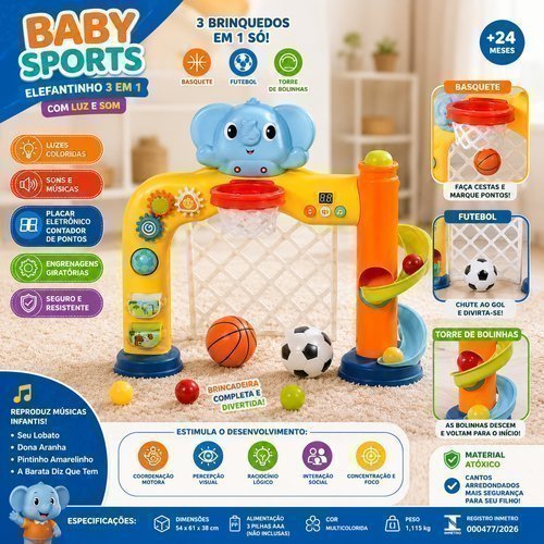 Brinquedo Elefantinho Baby Sports 3 Em 1 Com Luz e Som