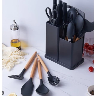 Kit Conjunto 19 Pçs De Utensílios Facas Silicone e Plástico Cozinha Jogo Completo Batedeira Colher Pegador