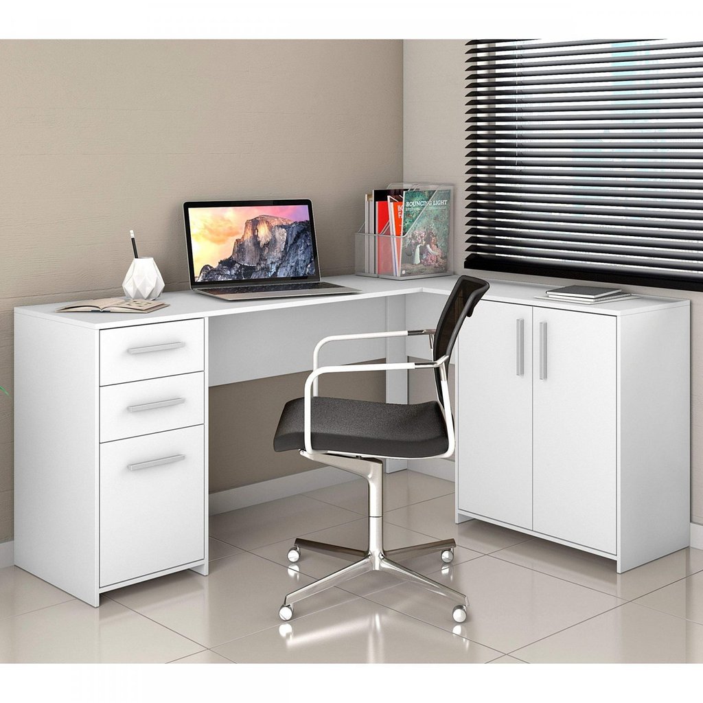 Mesa de Escritório em L 2 Gavetas 3 Portas Office Nt 2005 Branco