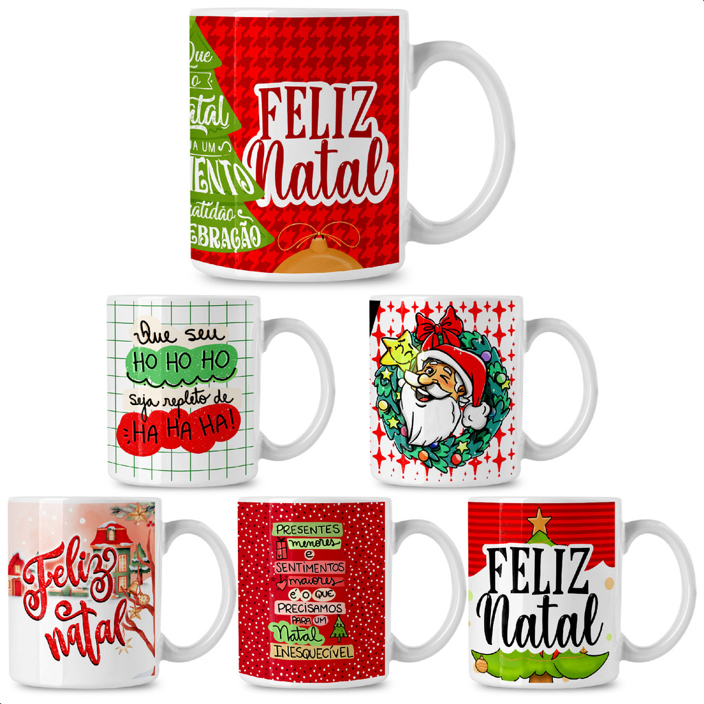 Kit 12 Canecas Porcelana Frases Feliz Natal 320 ml, Atacado