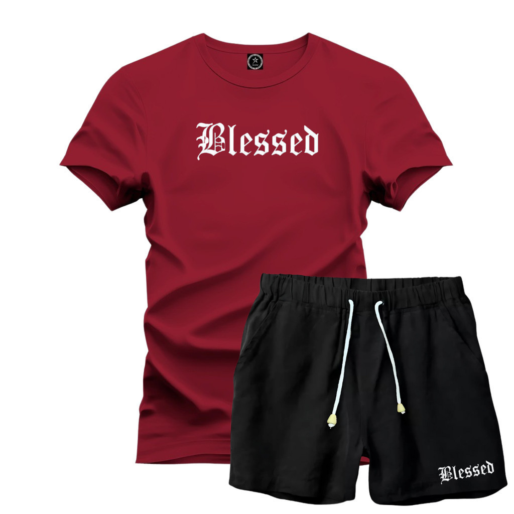 Kit Camiseta Blessed Algodão Premium Varias Cores + Short Linho Preto