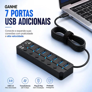Hub Usb 3.0 Régua com 7 Entradas USB Portas Com Interruptor Individual Led 5gbps com Botão Liga e Desliga