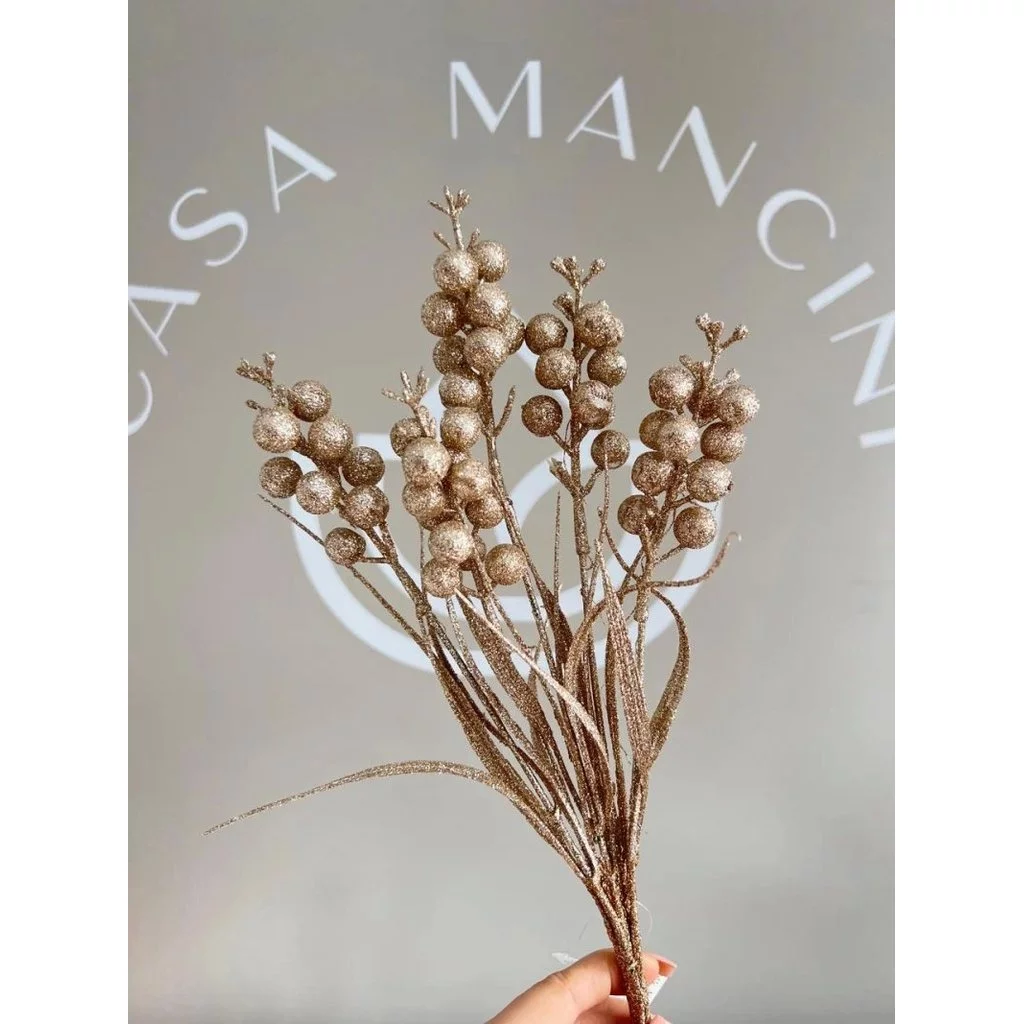 Galhos Dourados com Frutinhas e Folhas com Glitter