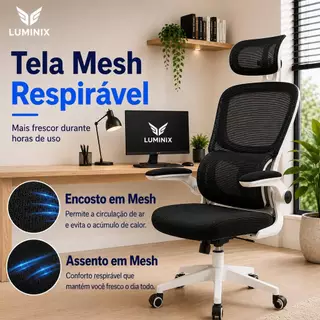Cadeira Ergonômica de Escritório Luminix Mesh Premium com Apoio de Cabeça, Apoio Lombar e Braços Retráteis
