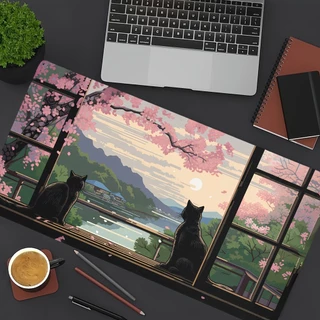 Mouse Pad Gamer Extra Grande Gatos Pretos Sakura Janela Tapete de Mesa Antiderrapante Borda Costurada para PC Escritório