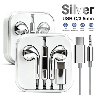 Fones De Ouvido Com Fio Prateado Cromado Microfone USB C/3.5 Mm Jack Intra-Auriculares Para Tablets De Celular Universal
