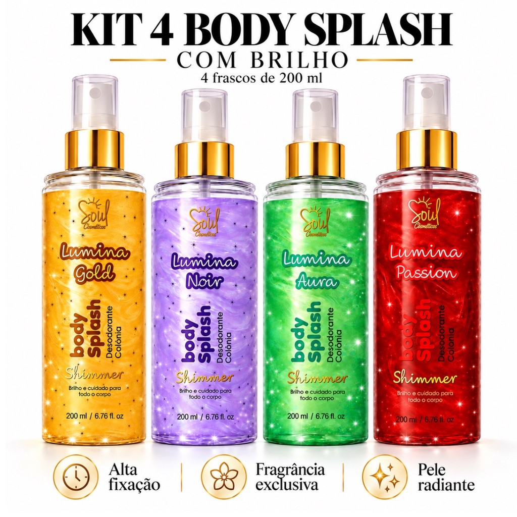 kit 4 body splash 200 ml, feminino, com brilho, colonia , perfume ...
