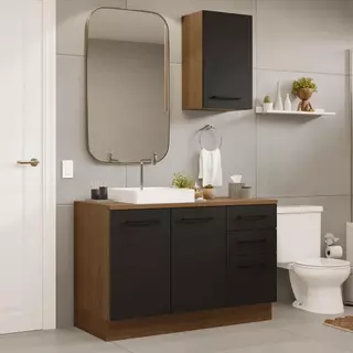 Conjunto Gabinete para Banheiro 120cm 3 Portas 3 Gavetas Rustic/Preto Agata Madesa 01 em Oferta na Shopee