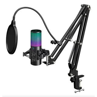 Conjunto de Microfones Condensador USB Profissional com Suporte de Mesa Iluminação RGB