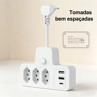 Tomada Filtro De Linha Com Adaptador 3 Tomadas 2 Usb uma entrada tipo C