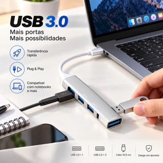 Hub USB 4 Portas USB 3.0 + 3 USB 2.0 Adaptador para Notebook PC
