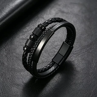 Pulseira masculina de couro trançado com aço inoxidável, pulseira de três camadas para uso em camadas, elegante e modern