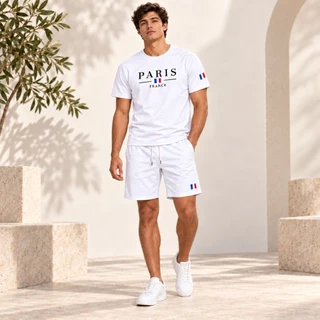 Conjunto Camiseta + Short Moletom Estampado Paris France Street Camiseta Malha Linha Premium + Short Mauricinho Wallas